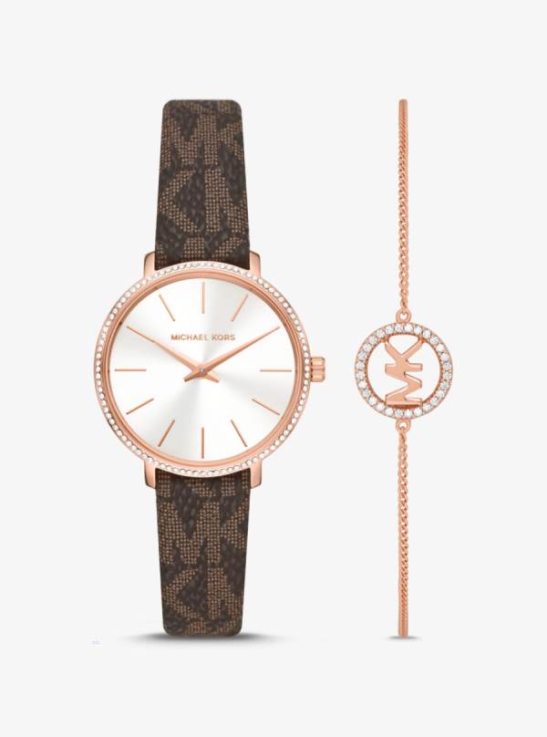 Damske Rose Gold-tone Hodinky Michael Kors Pyper Logo and and Bracelet Set Hnede - Hodinky Michael Kors Sleva | JCLVE-3019